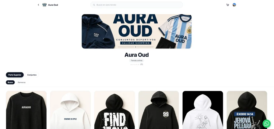 Web propia de la tienda Aura Oud en Jopit, con su portada, sus categorías y la grilla de buzos