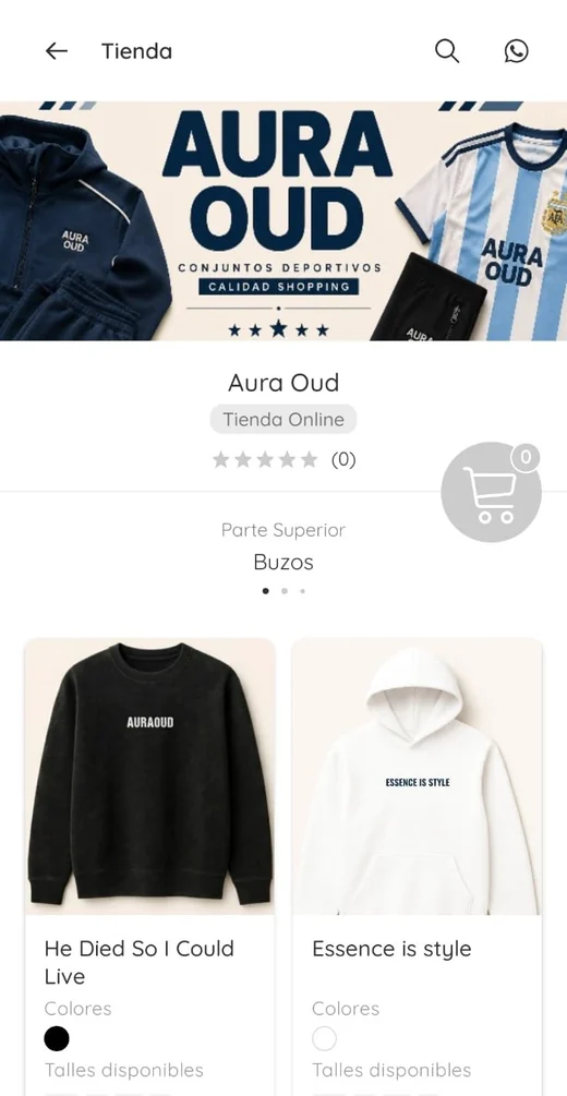 App de Jopit en el celular con la tienda Aura Oud: portada, calificación y los primeros buzos del catálogo